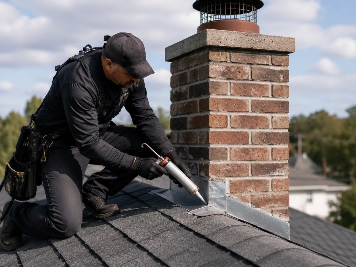 Person sealing metal flashing at the base of a capped brick chimney