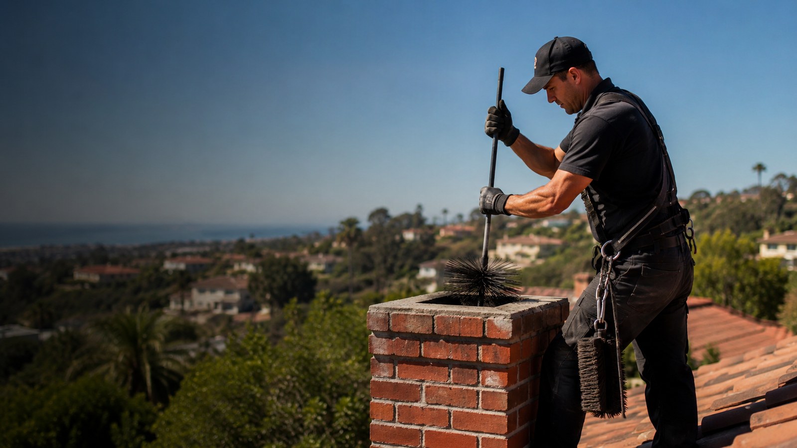 Person pushing a chimney brush down a brick chimney on a tile roof
