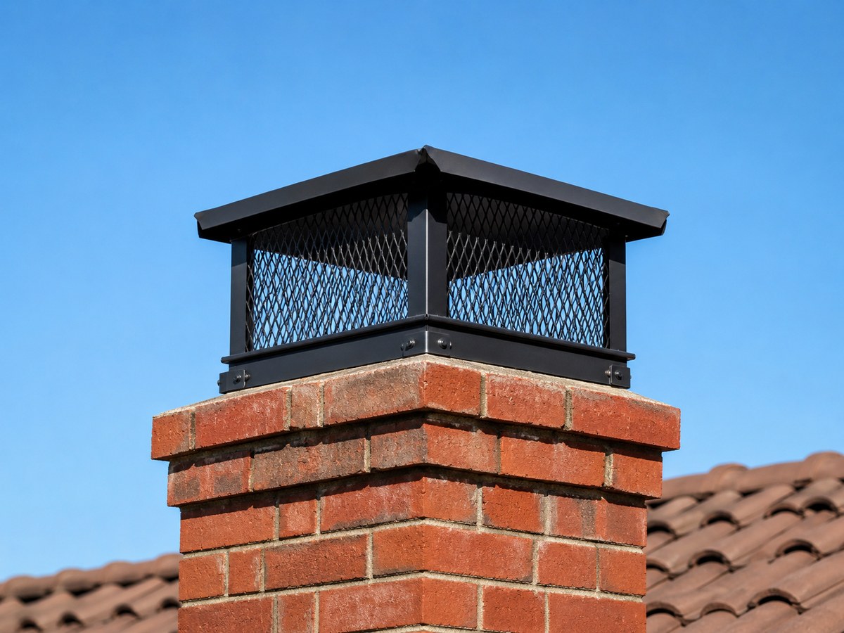 Chimney cap fitted over a flue at the top of a masonry chimney