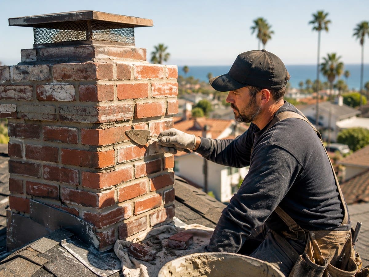 Person working a trowel on a weathered brick chimney on a rooftop
