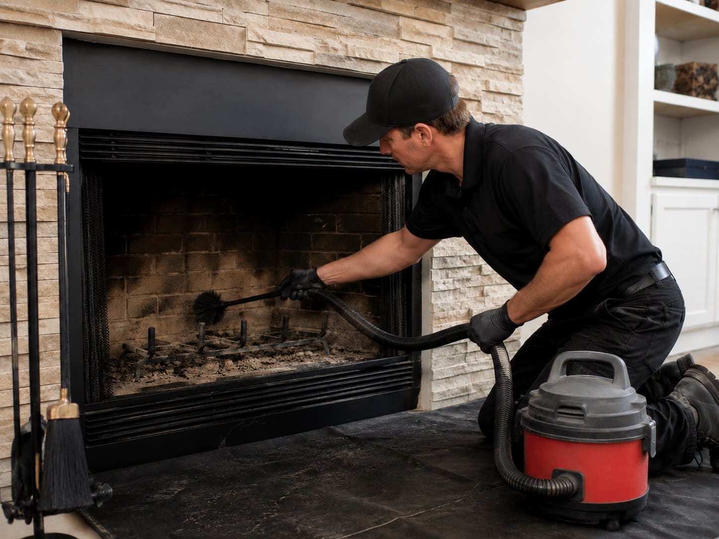 Brush and vacuum hose inside a soot-stained firebox, with drop cloths over the hearth