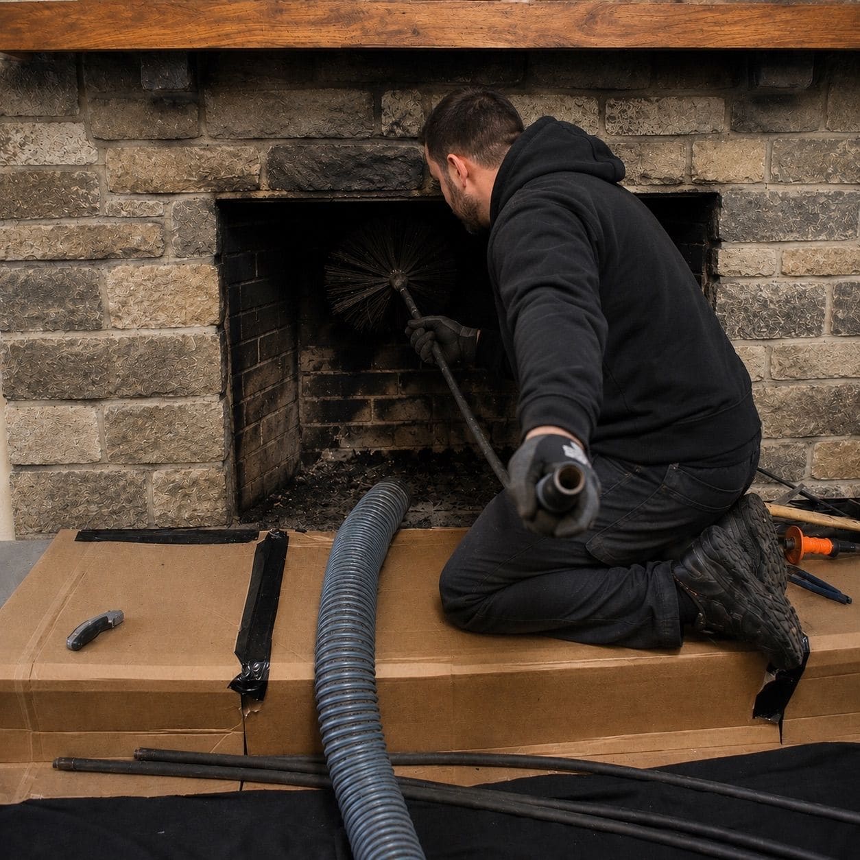 Person brushing a soot-stained firebox, with a vacuum hose and hearth protection