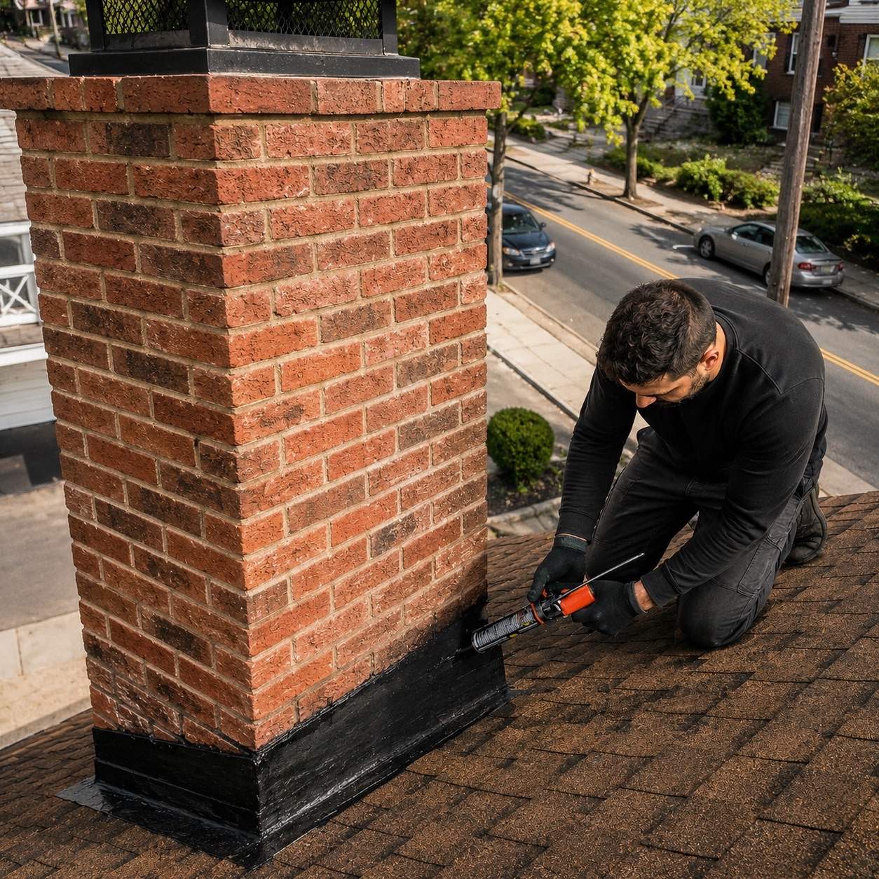 Sealing work at the joint where a brick chimney meets the roof