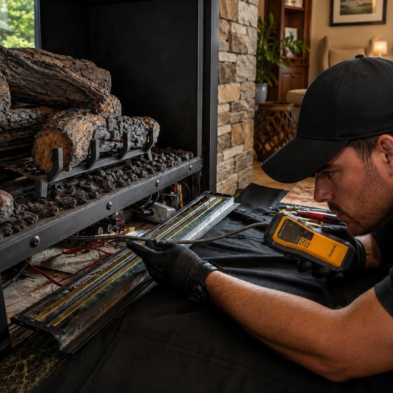 Gas fireplace log set and burner with the lower control compartment open and a handheld meter in view