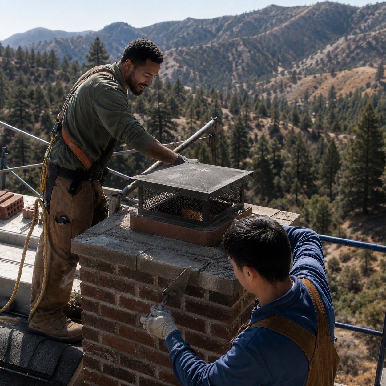 Two workers setting a mesh cap and troweling the crown of a brick chimney