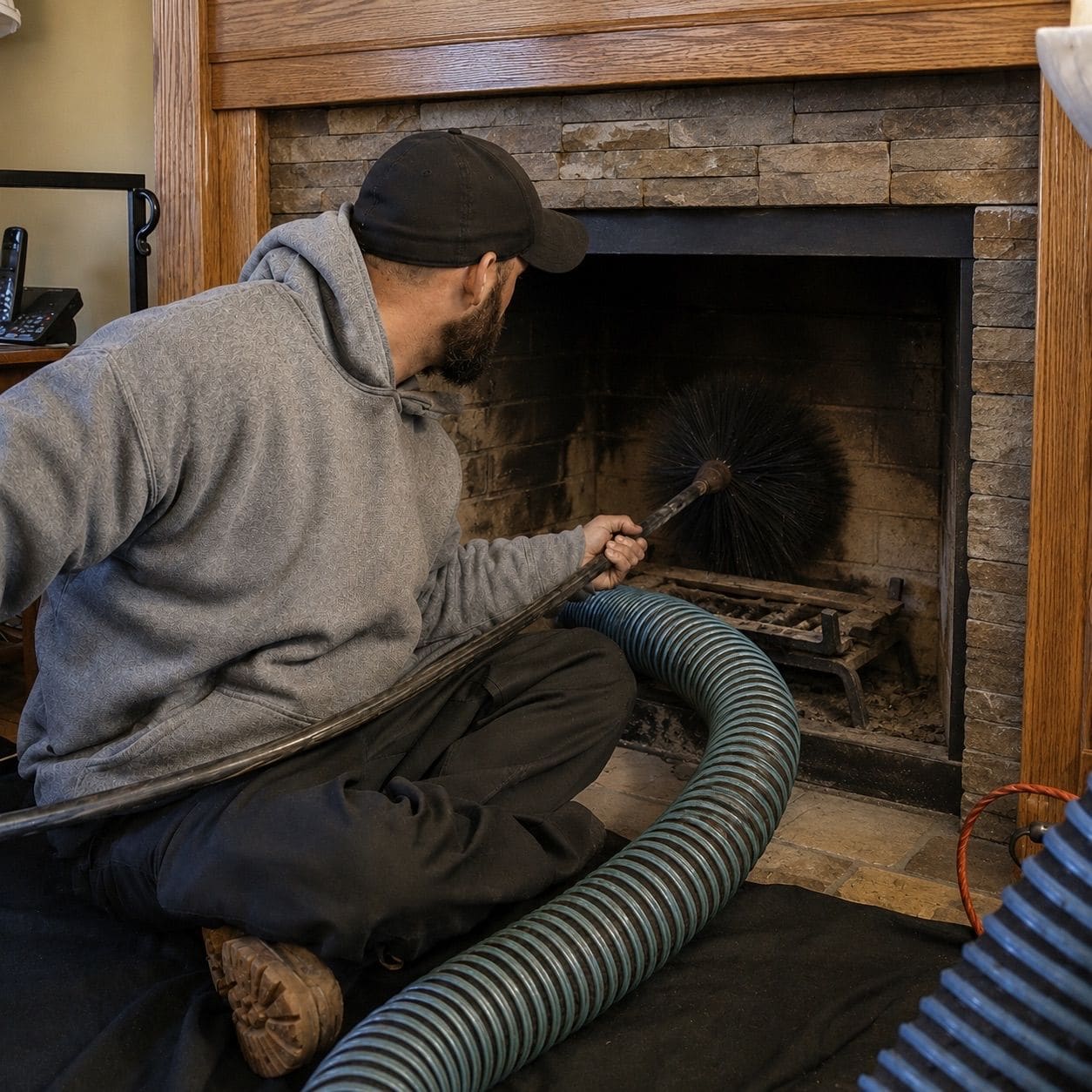 Person pushing a rotary brush into a fireplace firebox, with a vacuum hose on a drop cloth